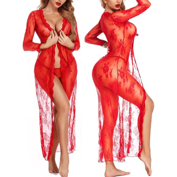 Lace Robe Women Sheer Long Sleeve Nightgown Bridal Babydoll Lingerie - Picture 3 of 6